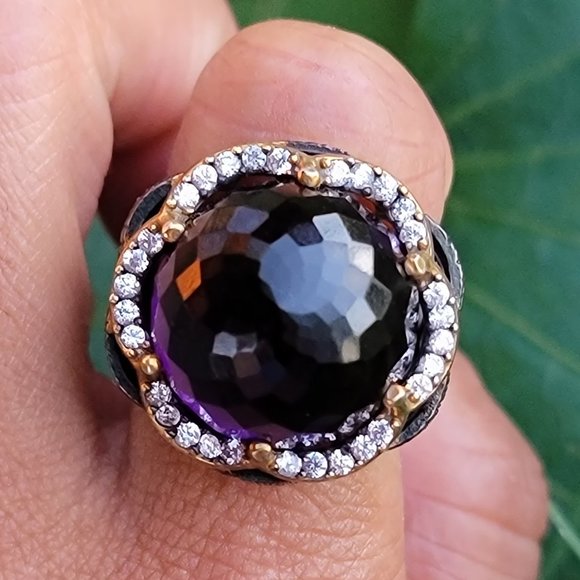 Jewelry - Wow huge chunky cocktail ring with multifaceted amethyst glass orb ornate 925